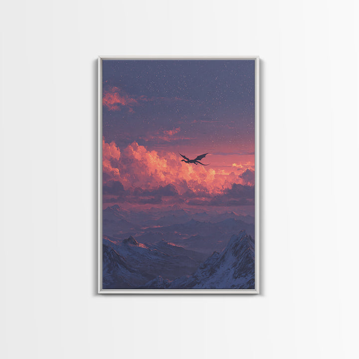 Starry Pink Cloud Dragon Over Snowy Peaks Canvas Print, Fantasy Mountain Wall Art, Dreamy Celestial Bedroom And Nursery Decor