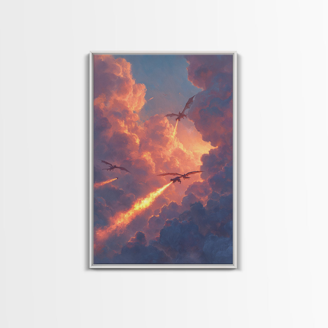 Dragons Breathing Fire Through Sunset Clouds Canvas Print, Fantasy Sky Wall Art, Vibrant Large Statement Living Room Home Decor