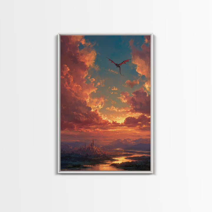 Sunset Dragon Above Spired City Framed Canvas Print, Fantasy Landscape Wall Art, Castle Decor For Living Room, Epic Home Decor