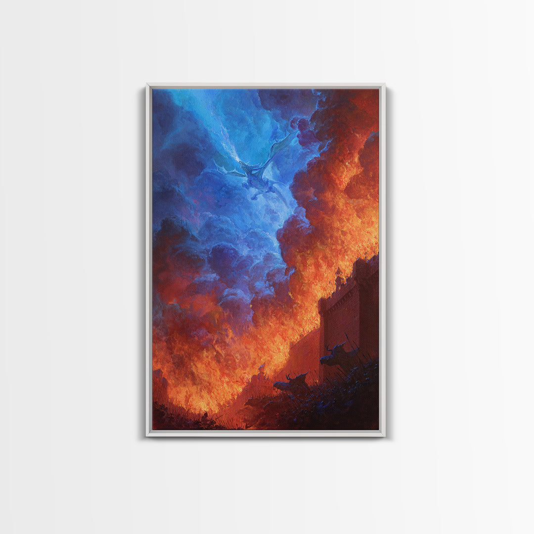 Blue Fire Dragon Siege At Burning Fortress Wall Art, Dark Fantasy Canvas Decor, Gothic Battle Large Art Print Poster For Man Cave