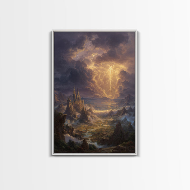 Lightning Storm Over Fantasy Castle Framed Canvas Print, Epic Mountain Landscape Wall Art, Moody Gothic Office Home Decor