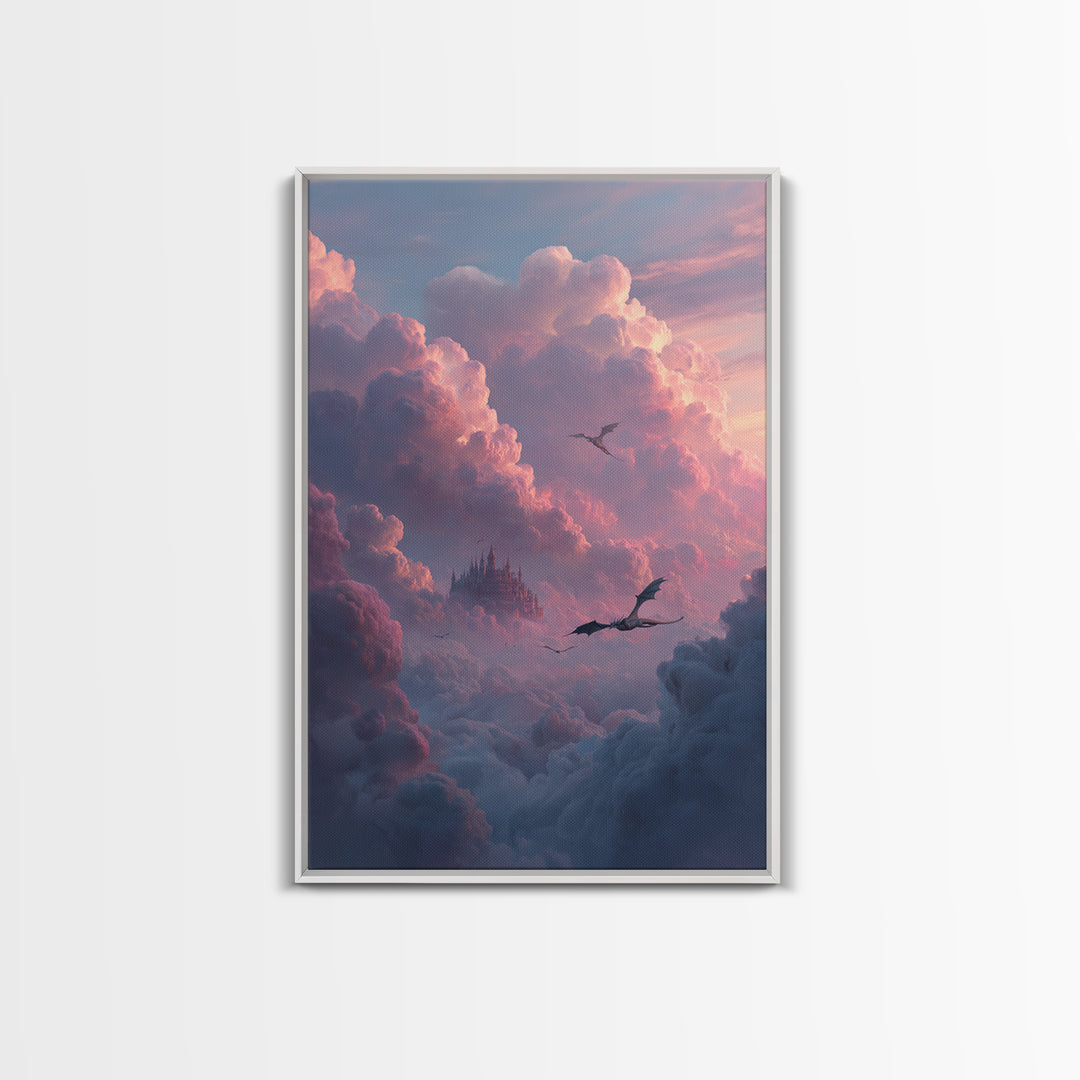 Pink Cloud Castle With Flying Dragons Canvas Print, Dreamy Fantasy Wall Art, Soft Pastel Celestial Nursery And Bedroom Decor