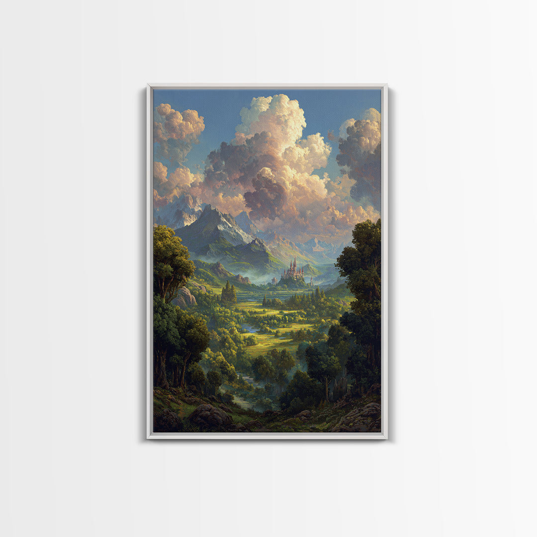 Lush Fantasy Valley With Distant Castle Wall Art, Mountain Landscape Canvas Print, Nature Decor For Living Room, Large Home Decor