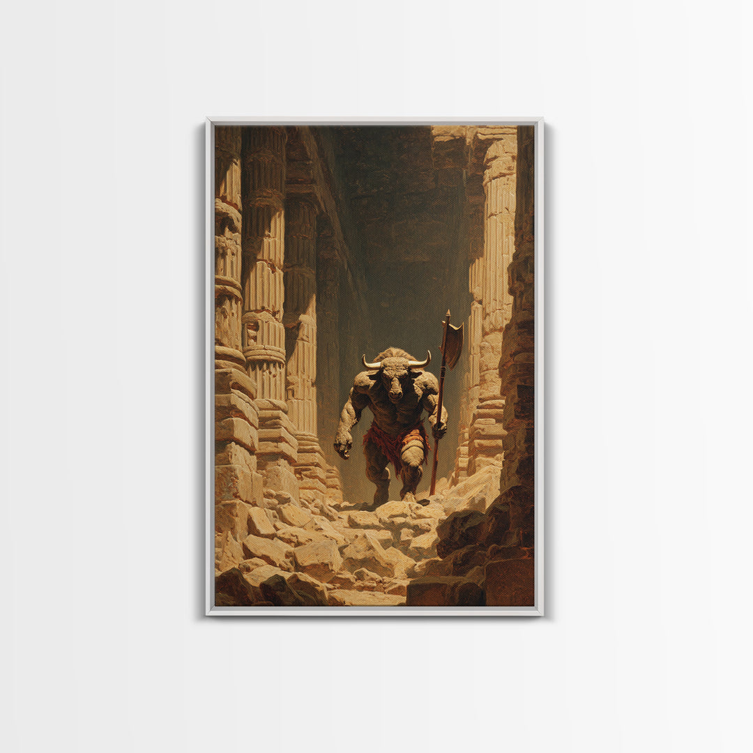 Minotaur In Ancient Ruins Framed Canvas Print, Mythological Art, Dark Fantasy Decor, Greek Myth Wall Decor Gift For Him Home Decor