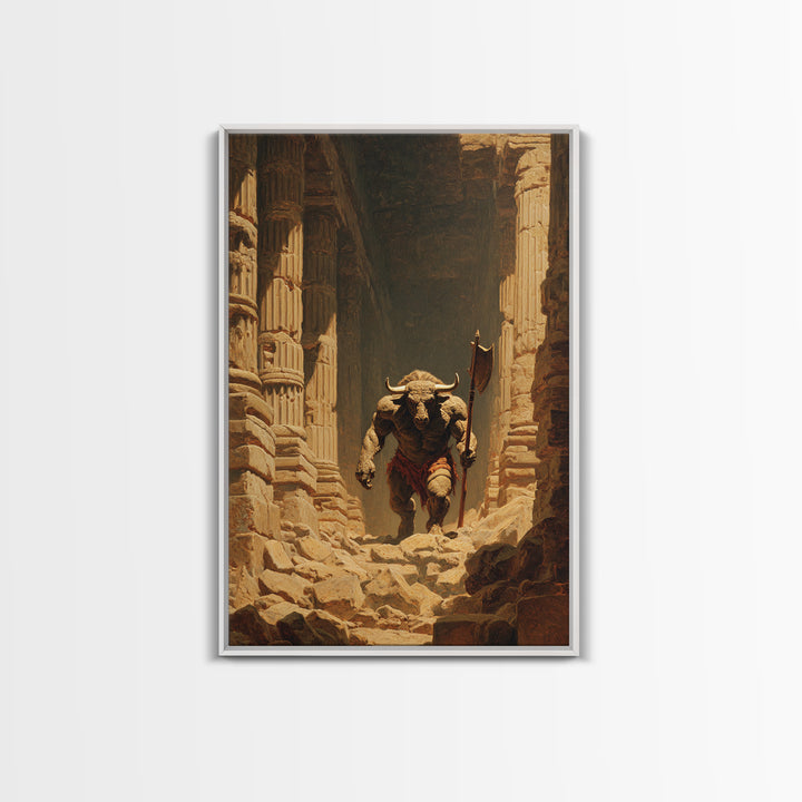 Minotaur In Ancient Ruins Framed Canvas Print, Mythological Art, Dark Fantasy Decor, Greek Myth Wall Decor Gift For Him Home Decor