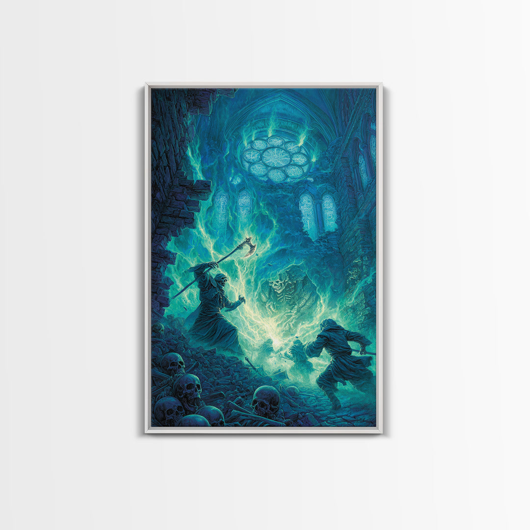 Necromancer In Haunted Cathedral Canvas Print, Dark Fantasy Wall Art, Gothic Magic Decor, Skeleton Horror Gift For Him Print