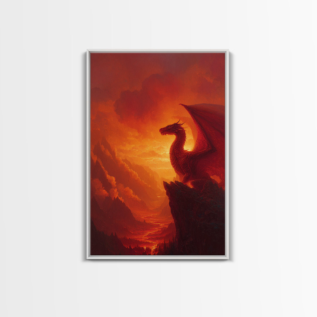 Red Dragon On Mountain Cliff Wall Art, Fantasy Landscape Canvas Print, Sunset Painting, Medieval Castle Decor Gift For Him Home Decor