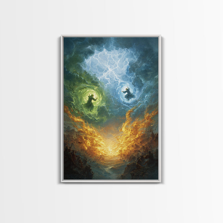 Elemental Wizards In Stormy Sky Wall Art, Fantasy Magic Canvas Print, Lightning Battle, Mystical Decor Gift For Him Home Decor