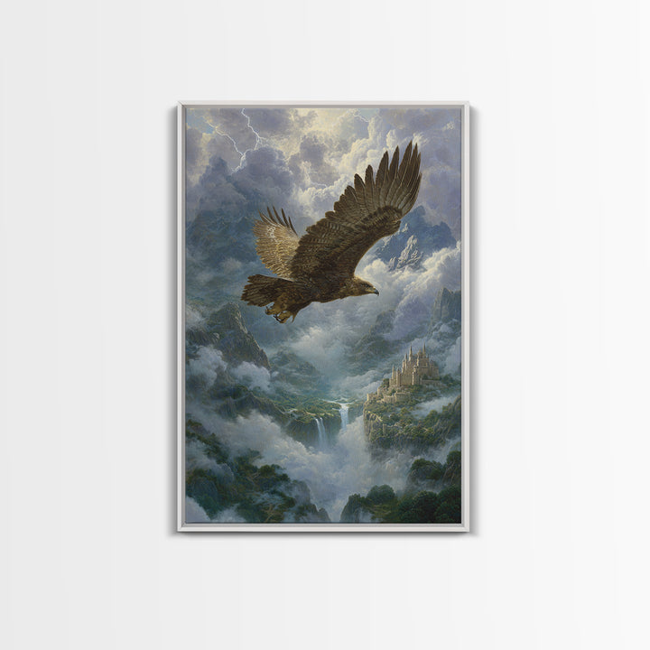 Majestic Eagle Over Misty Mountain Castle Wall Art, Wildlife Landscape Canvas Print, Fantasy Nature Decor Gift For Him Home Decor