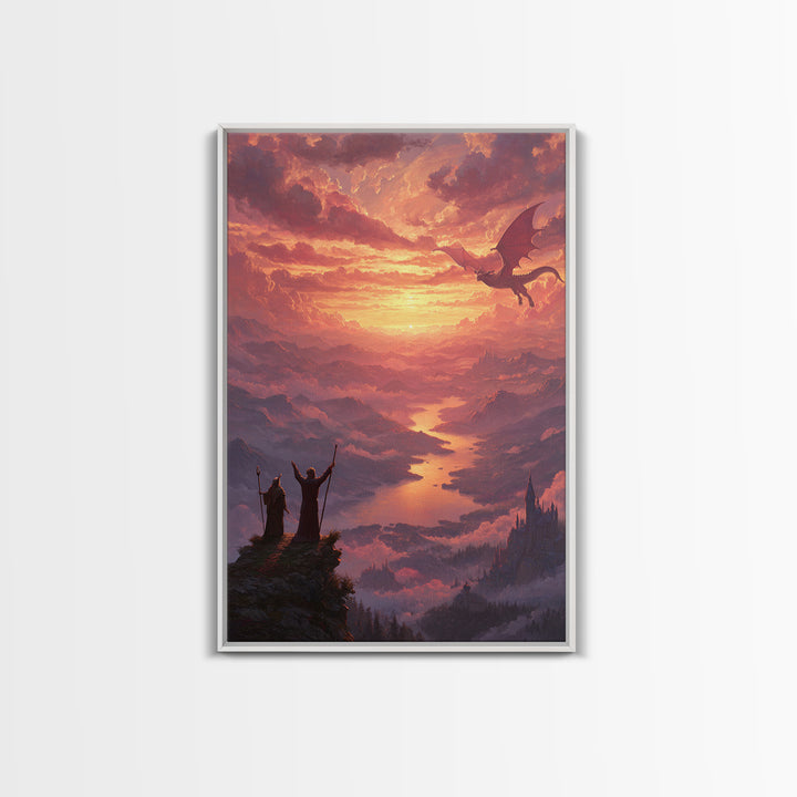 Wizards Watching Dragon Over Sunset Valley Wall Art, Fantasy Landscape Canvas Print, Magical Castle Decor Gift For Him Home Decor