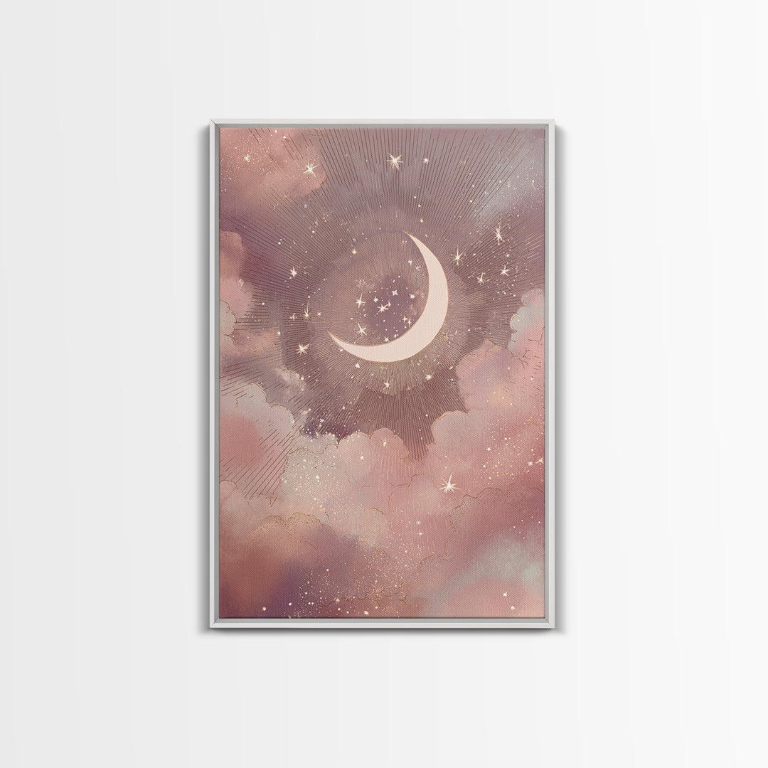 Crescent Moon And Starry Pink Clouds Wall Art, Celestial Canvas Print, Whimsigoth Bedroom Decor, Mystical Nursery Art, Gift For Her