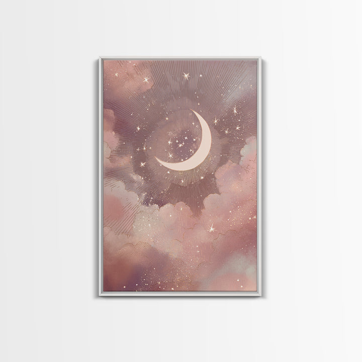 Crescent Moon And Starry Pink Clouds Wall Art, Celestial Canvas Print, Whimsigoth Bedroom Decor, Mystical Nursery Art, Gift For Her