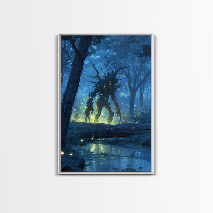 Glowing Forest Spirit At Moonlit Creek Wall Art, Fantasy Forest Canvas, Mystical Woodland Decor, Dark Fairy Tale Art Print