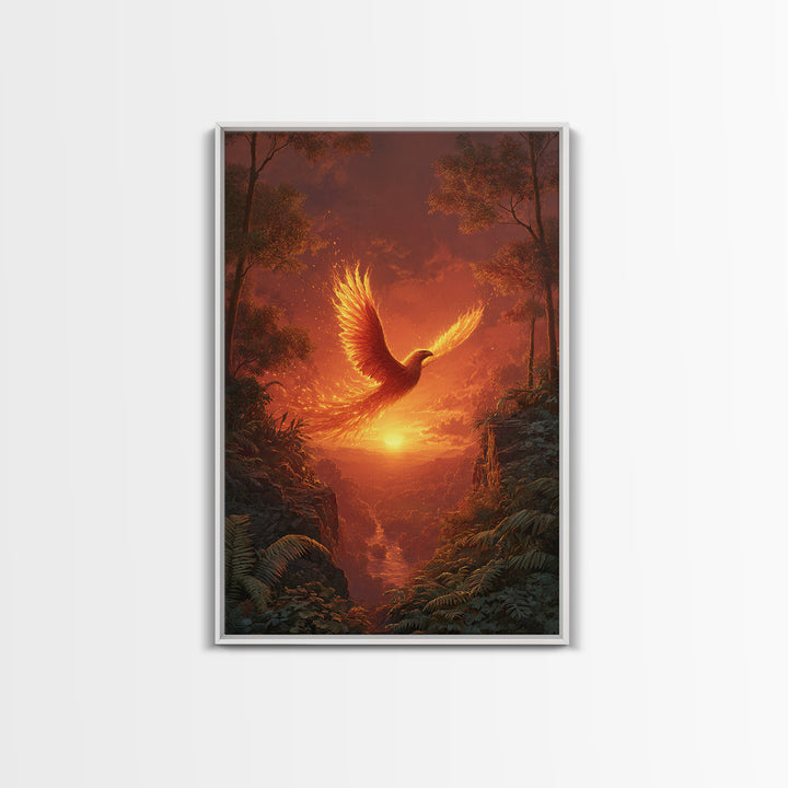 Fiery Phoenix Soaring Over Sunset Canyon Canvas Print, Fantasy Bird Wall Art, Dramatic Orange Home Decor, Mythical Artwork