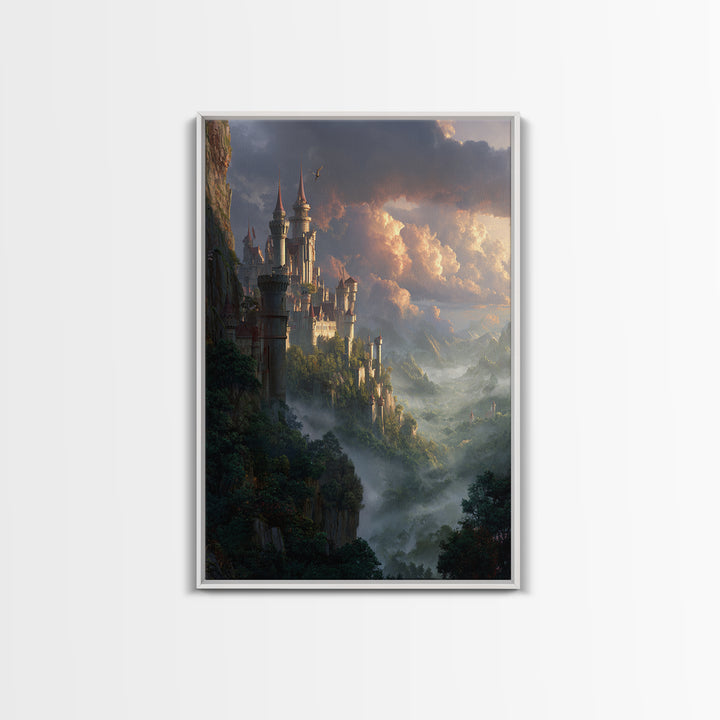 Misty Cliffside Castle Above Enchanted Valley Framed Canvas Print, Fantasy Wall Art, Medieval Landscape Home Decor, Dramatic Cloud Art