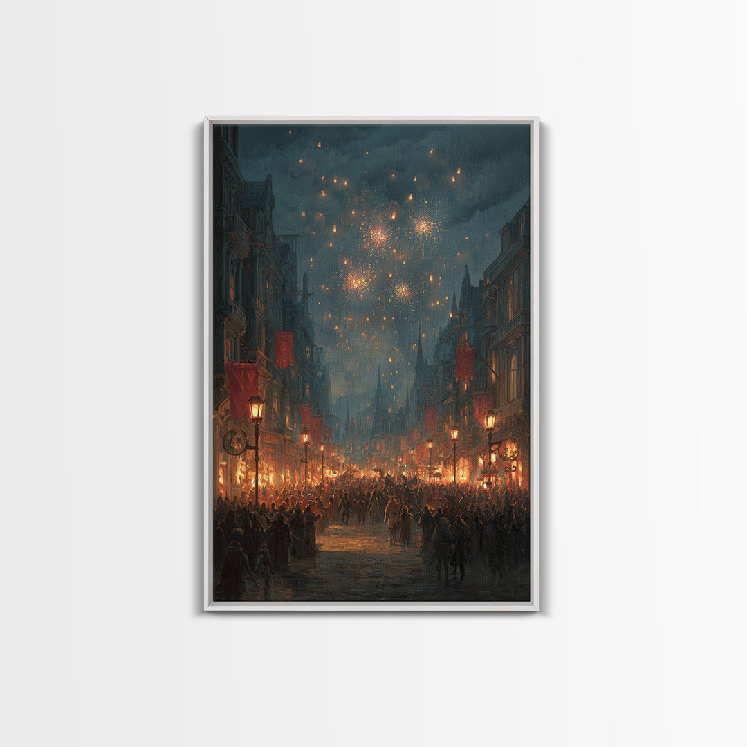 Medieval Festival Street With Fireworks Wall Art, Fantasy City Canvas, Dark Academia Decor, Gothic Town Celebration Print