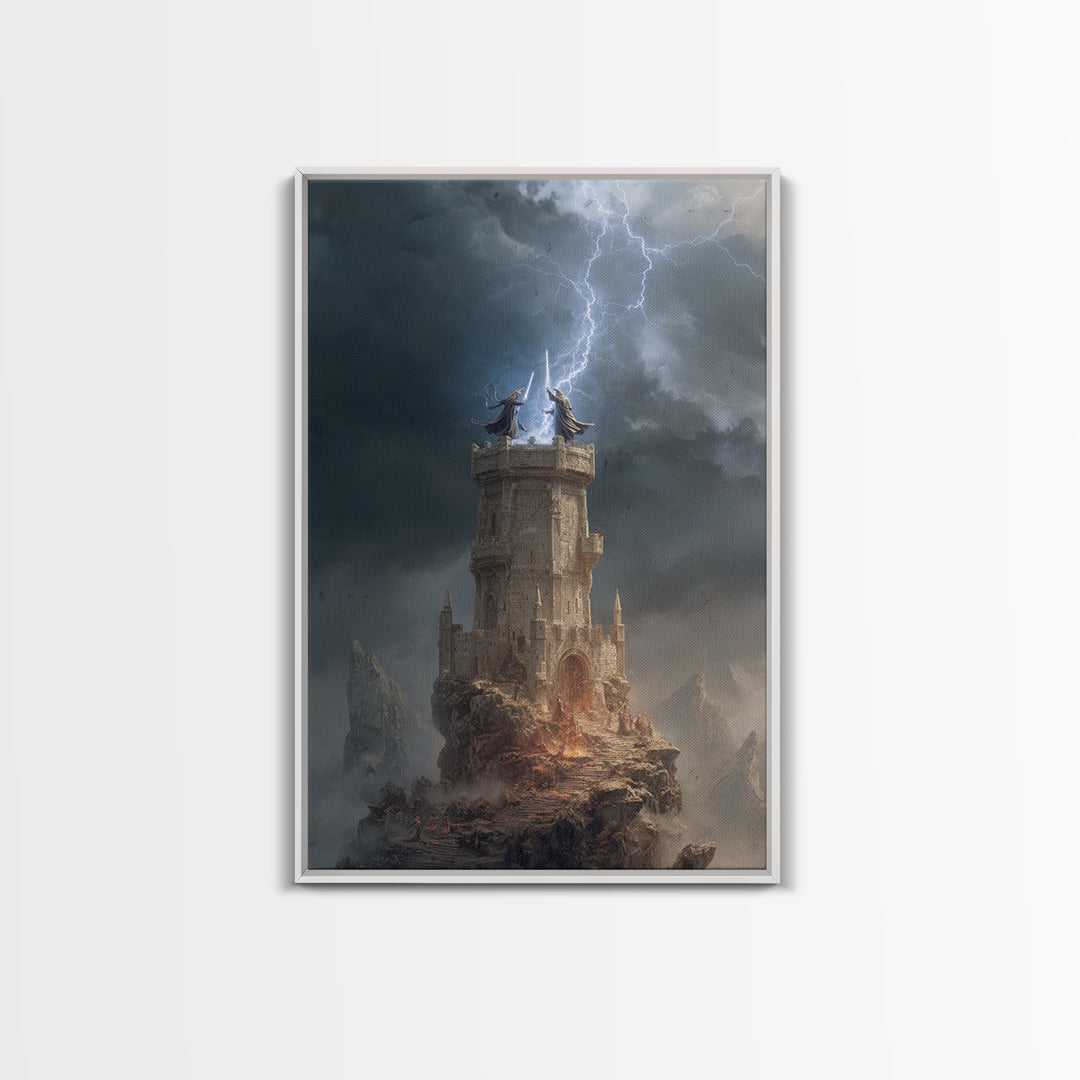 Lightning Strikes Wizard Tower On Stormy Peak Framed Canvas Print, Fantasy Wall Art, Dark Gothic Decor, Magical Castle Art