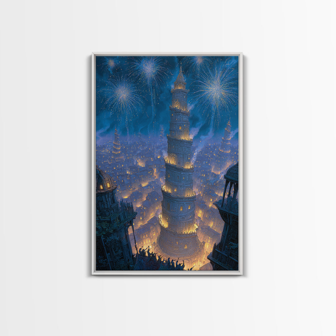 Blue Fireworks Over Magical City Tower Canvas Print, Fantasy Wall Art, Medieval Celebration Decor, Enchanted Skyline Art
