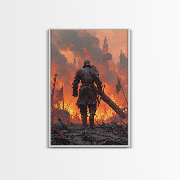Armored Knight Walking Through Burning Battlefield Wall Art, Dark Fantasy Canvas, Medieval Warrior Decor, Dramatic Fire Art Print