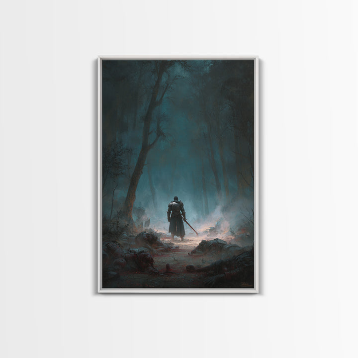 Lone Knight In Misty Haunted Forest Canvas Print, Dark Fantasy Wall Art, Gothic Woodland Decor, Warrior Landscape Artwork