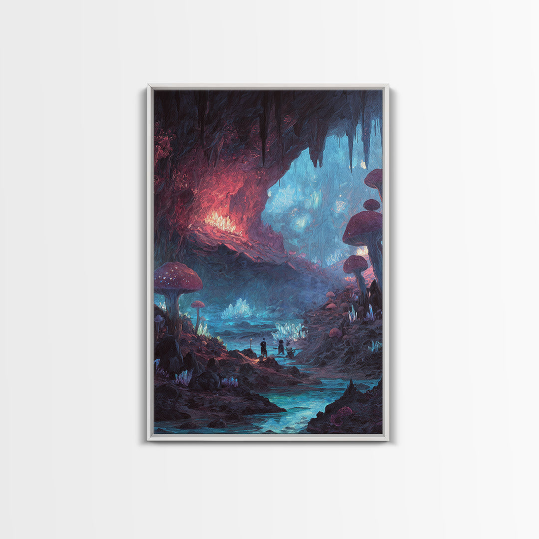 Glowing Mushroom Cave With Crystal River Wall Art, Fantasy Landscape Canvas, Whimsical Fairycore Decor, Magical Forest Print