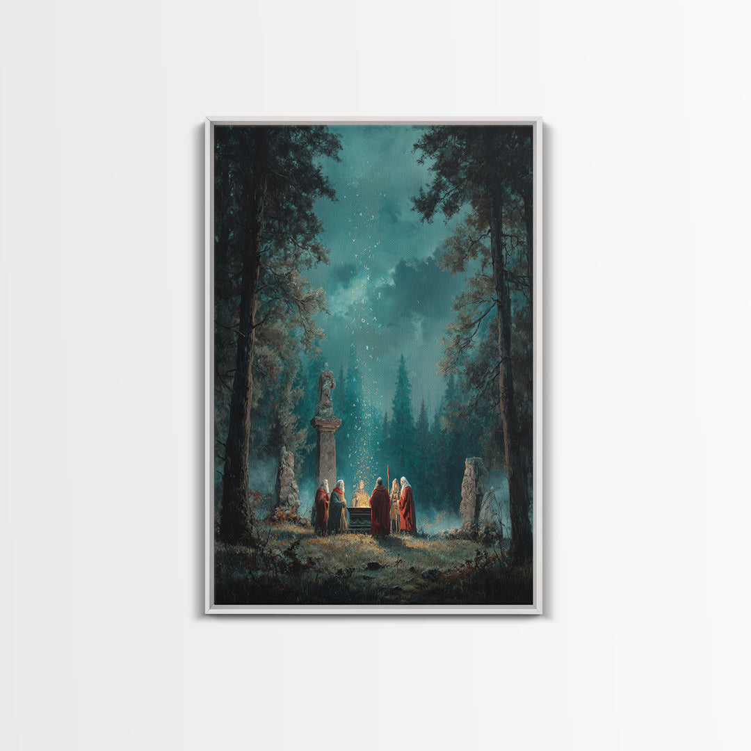 Mystic Forest Ritual Beneath Teal Night Sky Framed Canvas Print, Fantasy Wall Art, Spiritual Decor, Enchanted Woodland Art