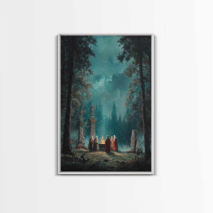 Mystic Forest Ritual Beneath Teal Night Sky Framed Canvas Print, Fantasy Wall Art, Spiritual Decor, Enchanted Woodland Art