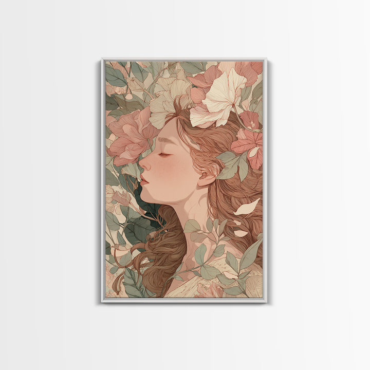 Sleeping Floral Woman Portrait Canvas Print, Art Nouveau Wall Art, Feminine Botanical Decor, Romantic Bedroom Art, Gift For Her