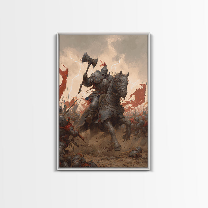 Armored Knight On War Horse With Battle Axe Wall Art, Dark Fantasy Canvas Print, Medieval Warrior Living Room Decor Gift