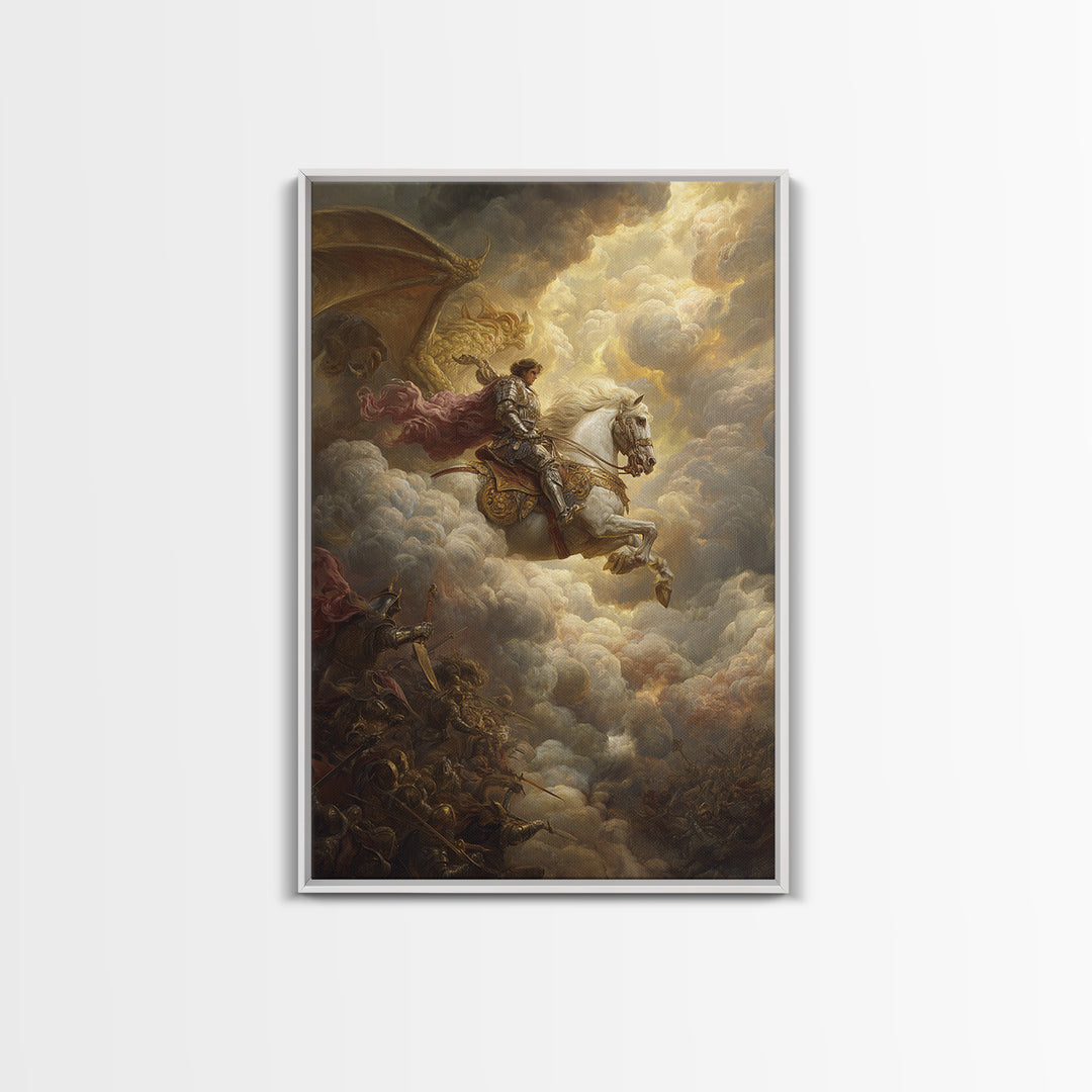 White Horse Knight Battles Golden Dragon In Clouds Framed Canvas Print, Epic Fantasy Wall Art, Medieval Home Decor Gift Idea