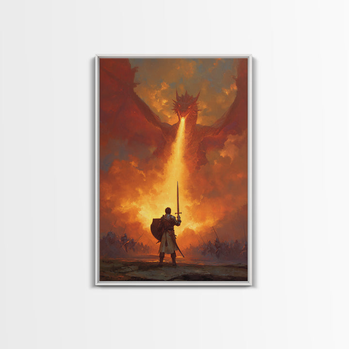 Lone Swordsman Facing Fire Breathing Red Dragon Wall Art, Epic Fantasy Canvas Print, Medieval Battle Living Room Decor Gift