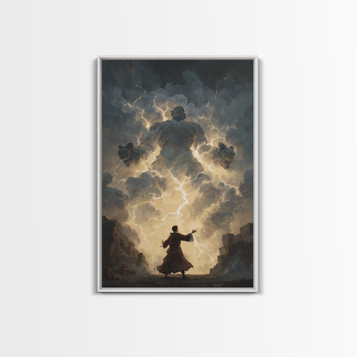 Storm Wizard Summoning Lightning Cloud Giant Wall Art, Dark Fantasy Canvas Print, Mythological Magic Office Decor Gift For Him