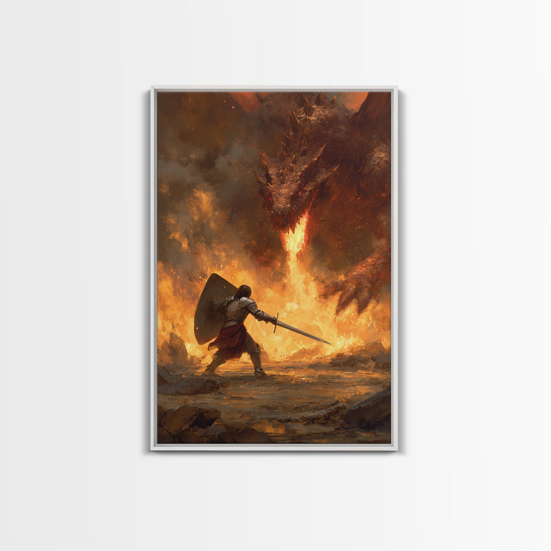 Shield Warrior Defies Fire Breathing Dragon Canvas Print, Epic Fantasy Wall Art, Medieval Sword Battle Home Decor Gift For Him