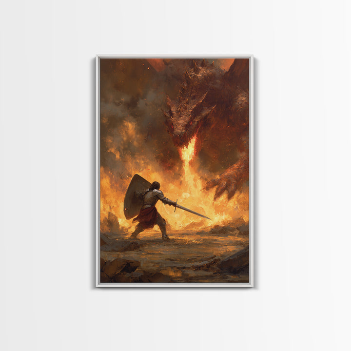 Shield Warrior Defies Fire Breathing Dragon Canvas Print, Epic Fantasy Wall Art, Medieval Sword Battle Home Decor Gift For Him