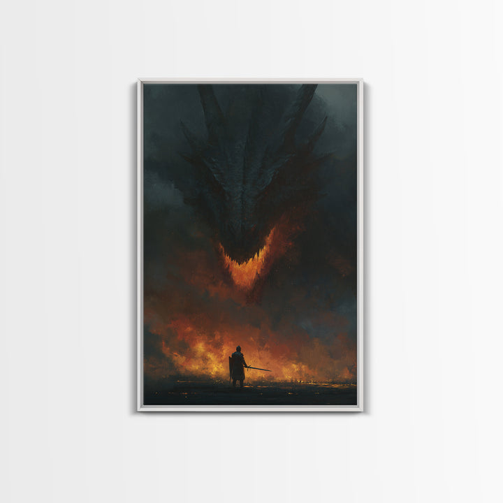 Dark Dragon Looming Over Lone Knight Wall Art, Gothic Fantasy Canvas Print, Apocalyptic Fire Medieval Office Decor Gift For Him