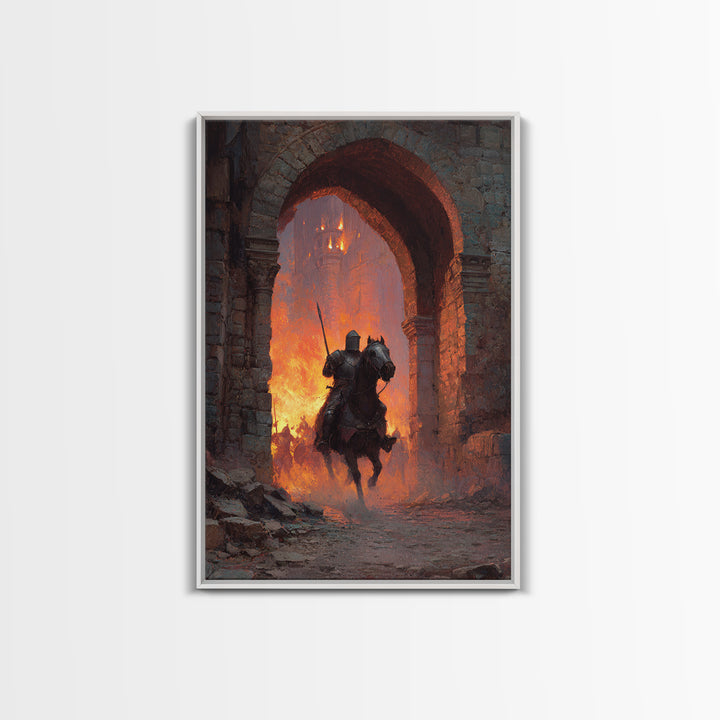 Mounted Knight Riding Through Burning Stone Arch Wall Art, Dark Fantasy Framed Canvas Print, Medieval Castle Home Decor Gift