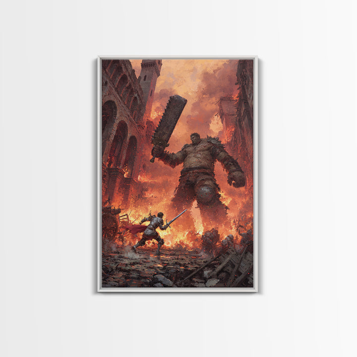 Knight Fighting Giant Ogre In Burning City Wall Art, Dark Fantasy Canvas Print, Medieval Monster Battle Game Room Decor Gift