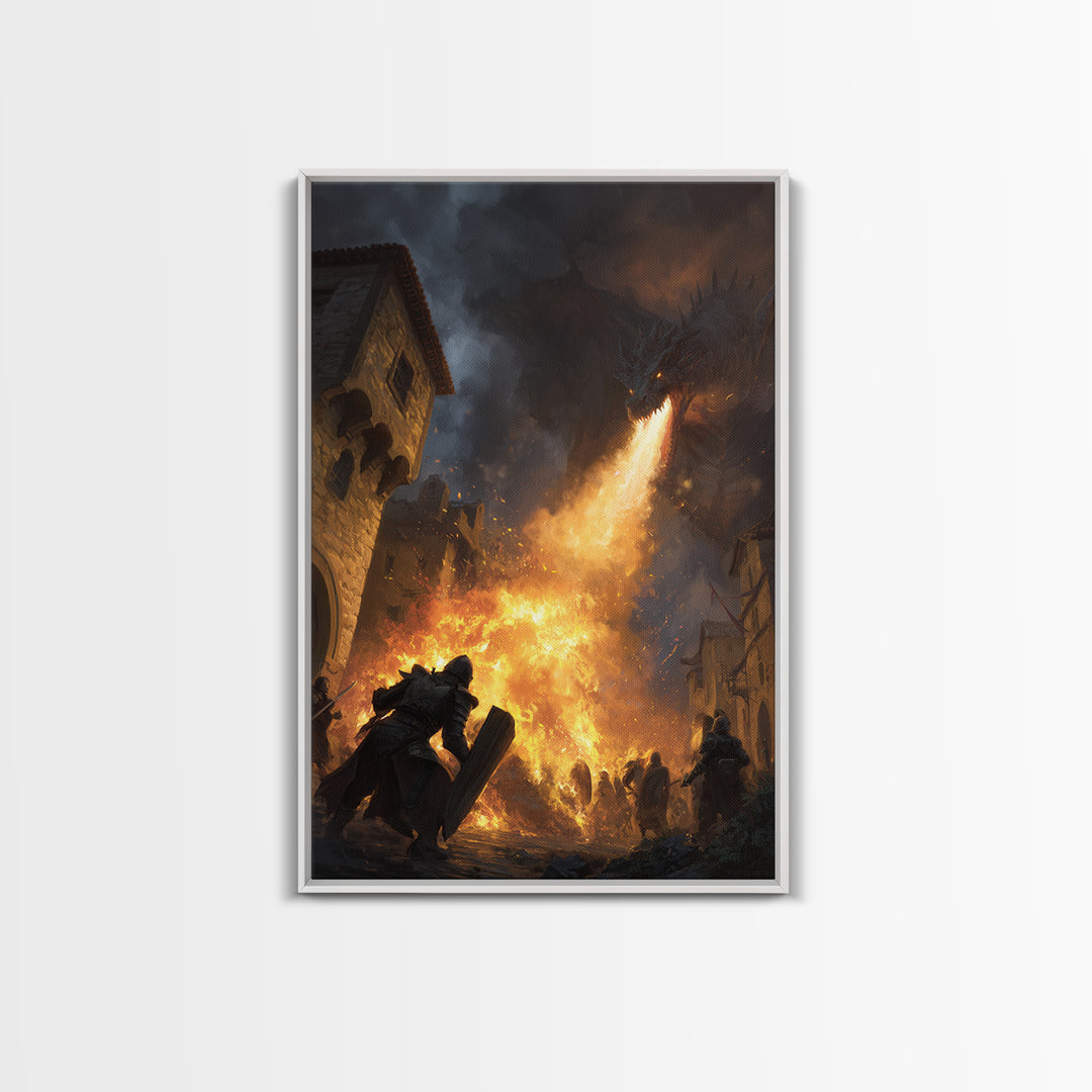 Armored Knight Before Dragon Fire In Medieval Street Wall Art, Dark Fantasy Framed Canvas Print, Castle Battle Living Room Decor