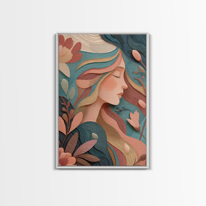 Art Nouveau Floral Woman Portrait Wall Art, Feminine Boho Canvas, Teal Peach Bedroom Decor, Elegant Gift For Her, Modern Home Decor