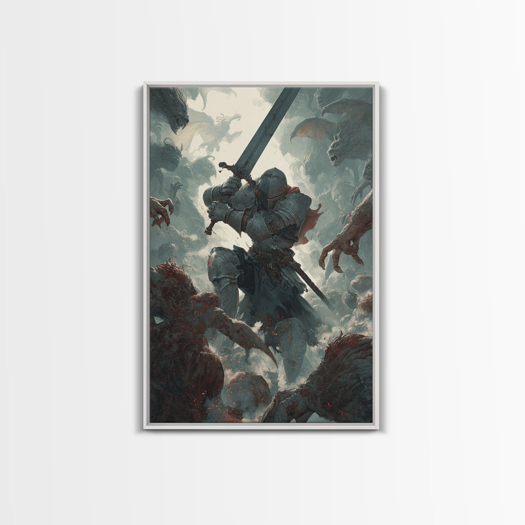 Armored Knight Battling Monsters Wall Art, Dark Fantasy Canvas Wall Decor, Gothic Warrior Artwork, Medieval Game Room Decor