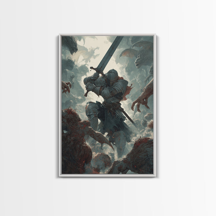 Armored Knight Battling Monsters Wall Art, Dark Fantasy Canvas Wall Decor, Gothic Warrior Artwork, Medieval Game Room Decor