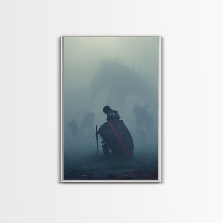 Kneeling Knight In Mist Wall Art, Dark Fantasy Dragon Print, Medieval Warrior Decor, Moody Gothic Living Room Artwork Gift