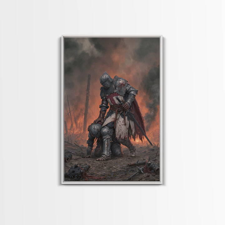 Wounded Knight In Burning Battlefield Wall Art, Dark Fantasy Medieval Canvas Decor, Gothic Warrior Print, Moody Office Artwork