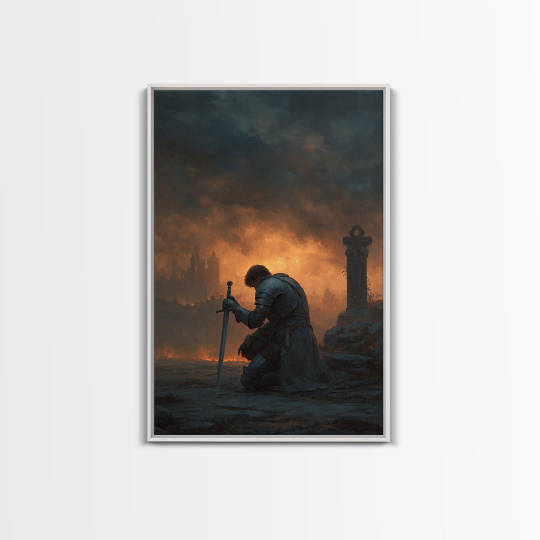 Lone Knight Kneeling At Sword Canvas Print, Dark Fantasy Medieval Wall Decor, Gothic Castle Ruins, Moody Office Art, Statement Artwork