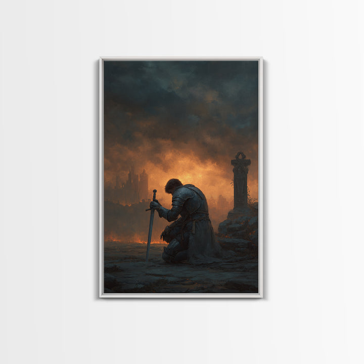 Lone Knight Kneeling At Sword Canvas Print, Dark Fantasy Medieval Wall Decor, Gothic Castle Ruins, Moody Office Art, Statement Artwork