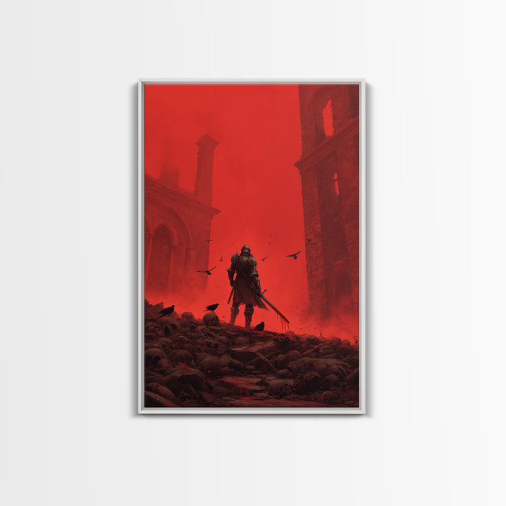 Knight In Crimson Ruins Wall Art, Dark Fantasy Red Gothic Print, Medieval Warrior Decor, Crows And Skulls, Bold Wall Decor