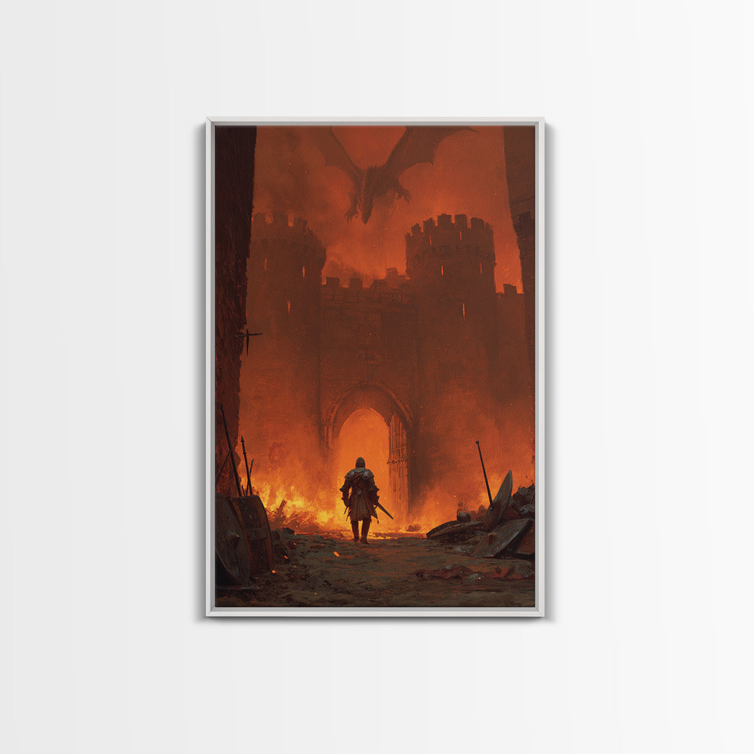 Knight At Burning Castle Gate Wall Art, Dark Fantasy Dragon Print, Medieval Warrior Decor, Gothic Game Room Artwork Gift