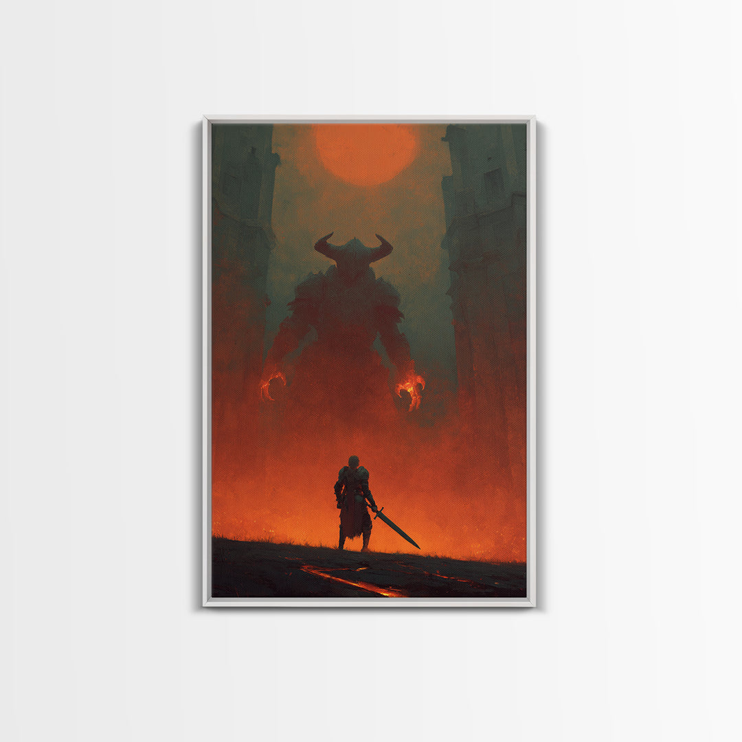 Knight Facing Horned Demon Canvas Print, Dark Fantasy Red Moon Wall Decor, Gothic Monster Art, Epic Game Room Artwork Gift