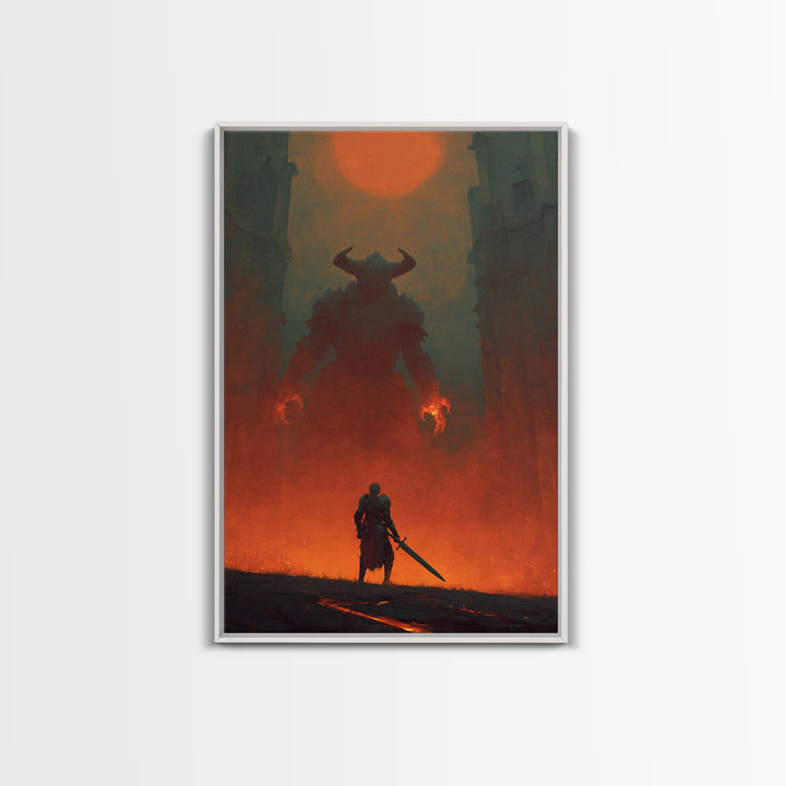 Knight Facing Horned Demon Canvas Print, Dark Fantasy Red Moon Wall Decor, Gothic Monster Art, Epic Game Room Artwork Gift