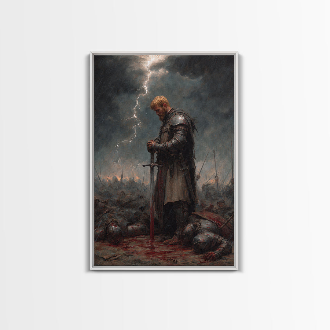 Blond Knight Praying In Storm Wall Art, Dark Fantasy Medieval Battle Print, Gothic Warrior Decor, Moody Masculine Office Art